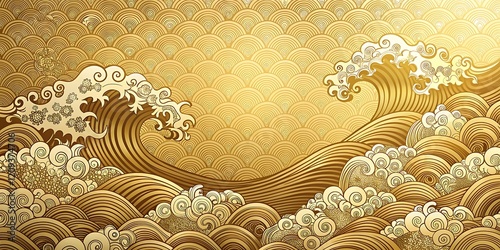 Intricate Traditional Japanese Wave Pattern on Luxurious Gold Background