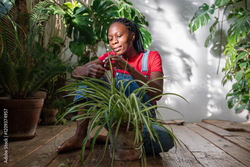 African American woman take care for indoor potted Chlorophytum plant sitting on wooden floor attentive examines leaves. Focused caring young black female touching houseplant found pests in greenhouse