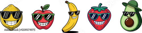  a collection of five cartoon fruit characters, each with a playful and energetic vibe.