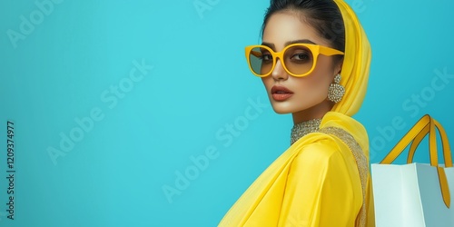 Stylish Indian Woman in Yellow Outfit with Sunglasses on Blue Background