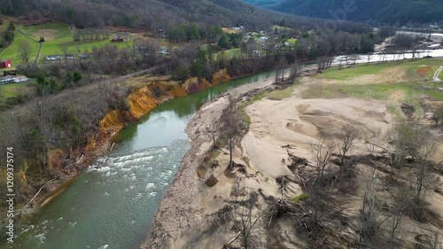 4K Aerial Drone Video of Erosion and Debris on the Nolichucky River in Erwin, TN after Hurricane Helene (2024) photo