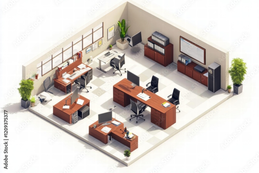 Naklejka premium Modern Office Interior Design Shows Workspace with Desk, Computer, and Plant Decoration Theme.