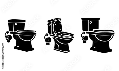 Bathroom Toilet Silhouette Vector Set with Toilet Paper Roll for Design Projects