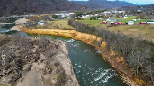 4K Aerial Drone Video of Erosion of the Nolichucky River Near Farmlands in Erwin, TN Caused by Flooding after Hurricane Helene (2024) photo
