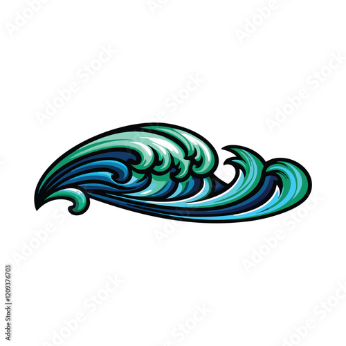 A dynamic and abstract wave design featuring a vibrant spectrum of blues and greens, evoking a sense of motion and energy.