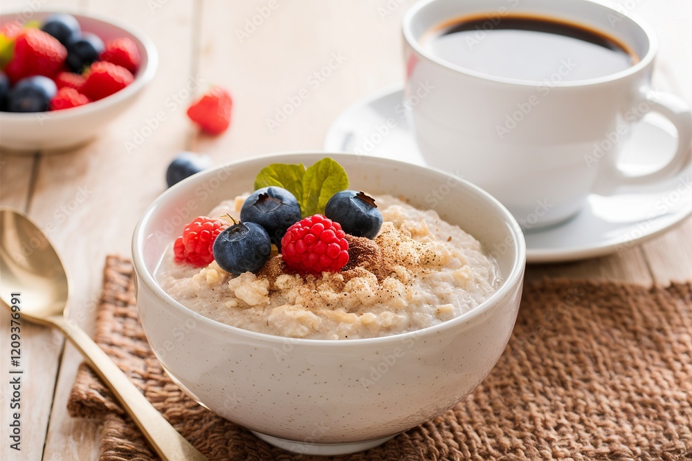 A bowl of oatmeal with blueberries A bowl of oatmeal with blueberries