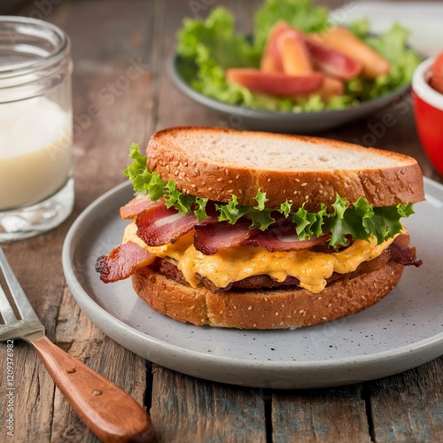 A sandwich with bacon and cheese on a plate with a glass of milk