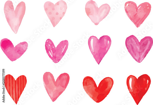 Watercolor heart vector, Valentines day, aquarelle illustration. Set of hand painted watercolor hearts. Isolated objects perfect for Valentine's day card or romantic post cards.