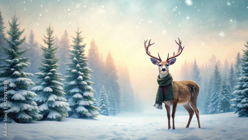 A Majestic Deer in a Winter Wonderland, Adorned with a Cozy Scarf, Stands Amidst a Snow-Covered Forest of Evergreen Trees at Dawn A Majestic Deer in a Winter Wonderland, Adorned with a Cozy Scarf, Stands Amidst a Snow-Covered Forest of Evergreen Trees at Dawn