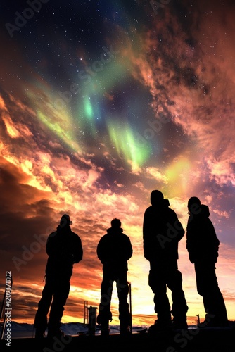 Scientists observing the northern lights from a polar research station, photo