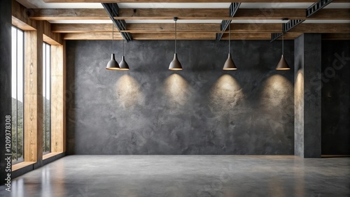 Wallpaper Mural Spacious Industrial Loft Interior with Exposed Wooden Beams and Concrete Walls Featuring Pendant Lighting Torontodigital.ca