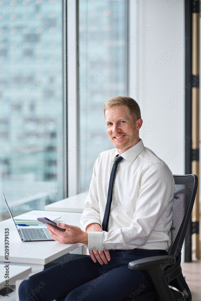 Happy young businessman leader, company executive, male entrepreneur or manager wearing shirt and tie holding smartphone looking at camera with laptop at work desk sitting in office. Vertical Happy young businessman leader, company executive, male entrepreneur or manager wearing shirt and tie holding smartphone looking at camera with laptop at work desk sitting in office. Vertical
