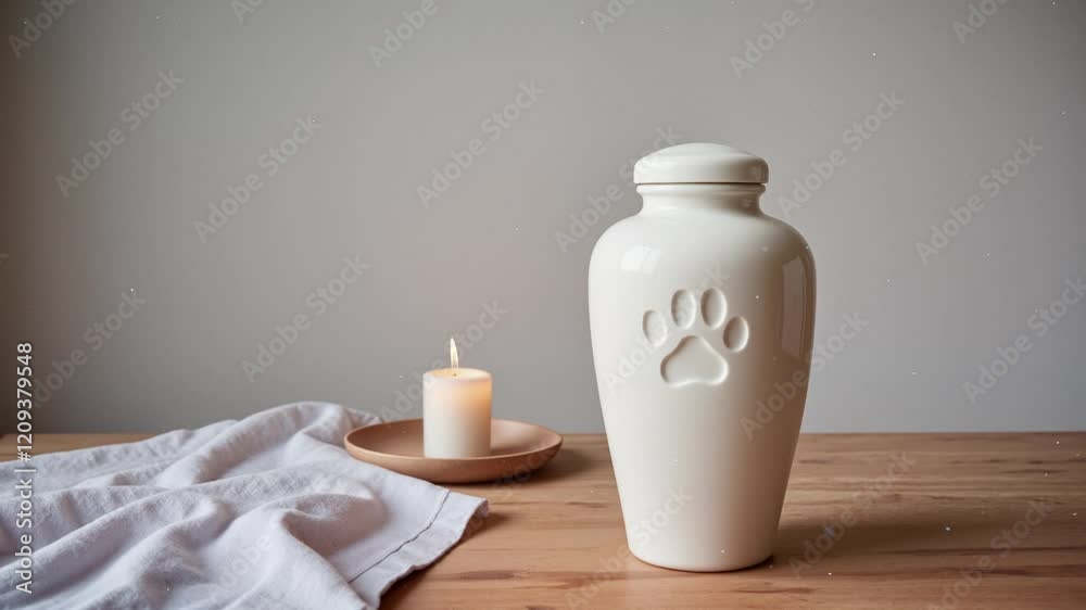 Sleek white ceramic dog urn with paw print on wooden table beside candle and fabric