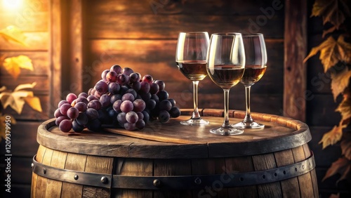 Aromatic Wine Tasting Two Glasses of Fine Wine Resting Atop Rustic Wooden Barrel with Fresh Grapes
