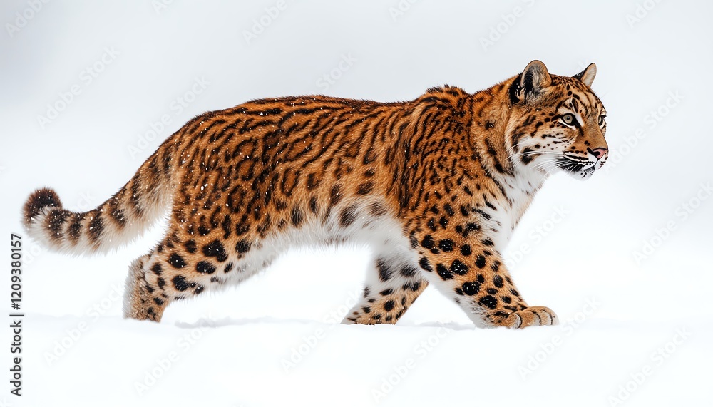 Snow leopard walking in snow, isolated on white background Snow leopard walking in snow, isolated on white background