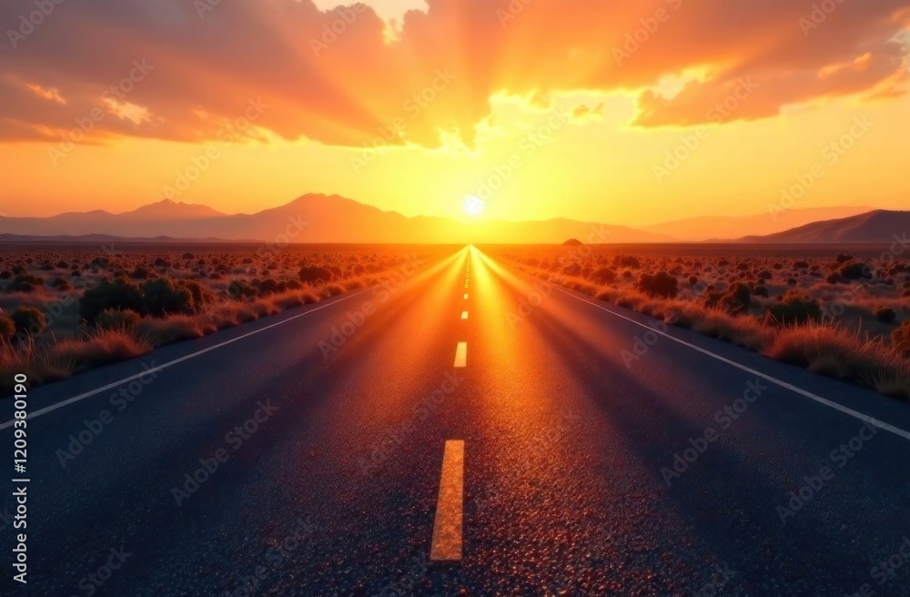 Sunset casts stunning colors across the sky while illuminating a long, empty road through a desert area Sunset casts stunning colors across the sky while illuminating a long, empty road through a desert area