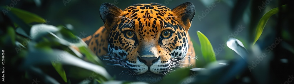 Obraz premium Stealthy jaguar prowling through dense jungle, sunlight filtering through leaves