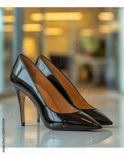 a pair of sleek patent leather heels with a low, subtle heel, ideal for a modern office environment. photo