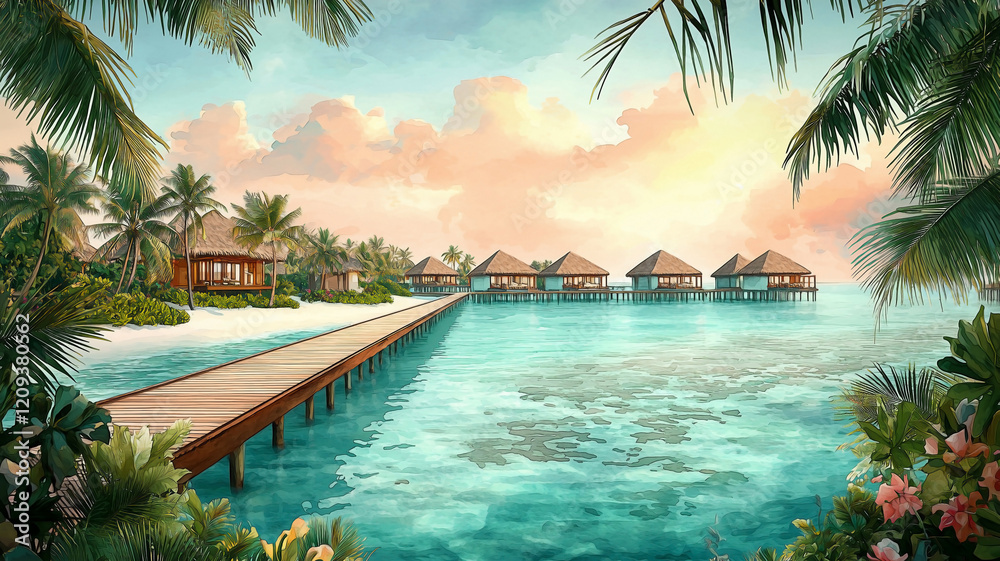 Fototapeta premium Maldives travel poster in soft watercolor style, showcasing a turquoise ocean with a long, wooden walkway extending over the water toward cozy thatched-roof villas.