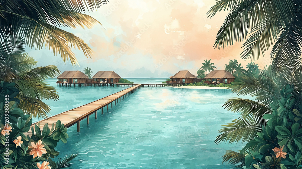 Fototapeta premium Maldives travel poster in soft watercolor style, showcasing a turquoise ocean with a long, wooden walkway extending over the water toward cozy thatched-roof villas.