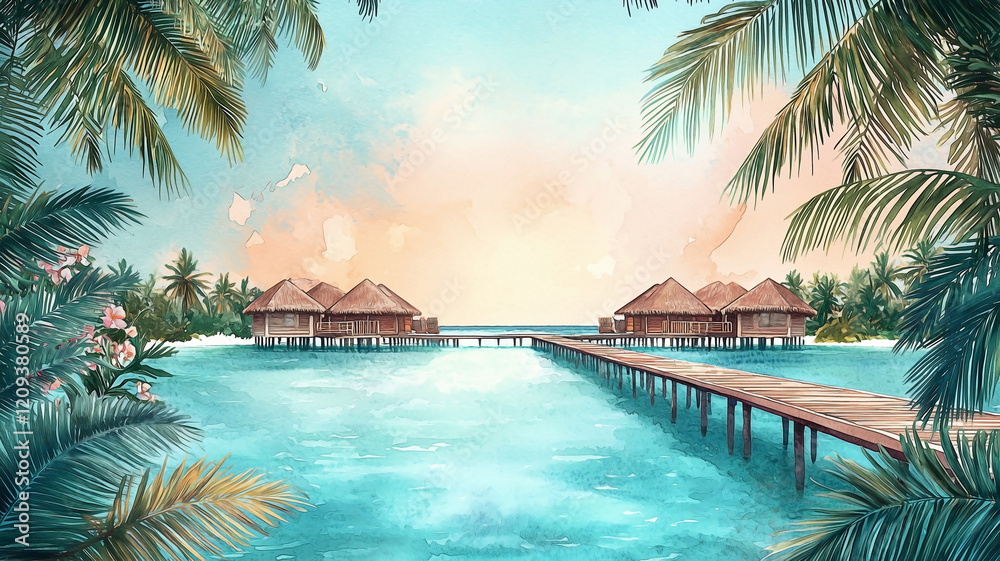 Fototapeta premium Maldives travel poster in soft watercolor style, showcasing a turquoise ocean with a long, wooden walkway extending over the water toward cozy thatched-roof villas.