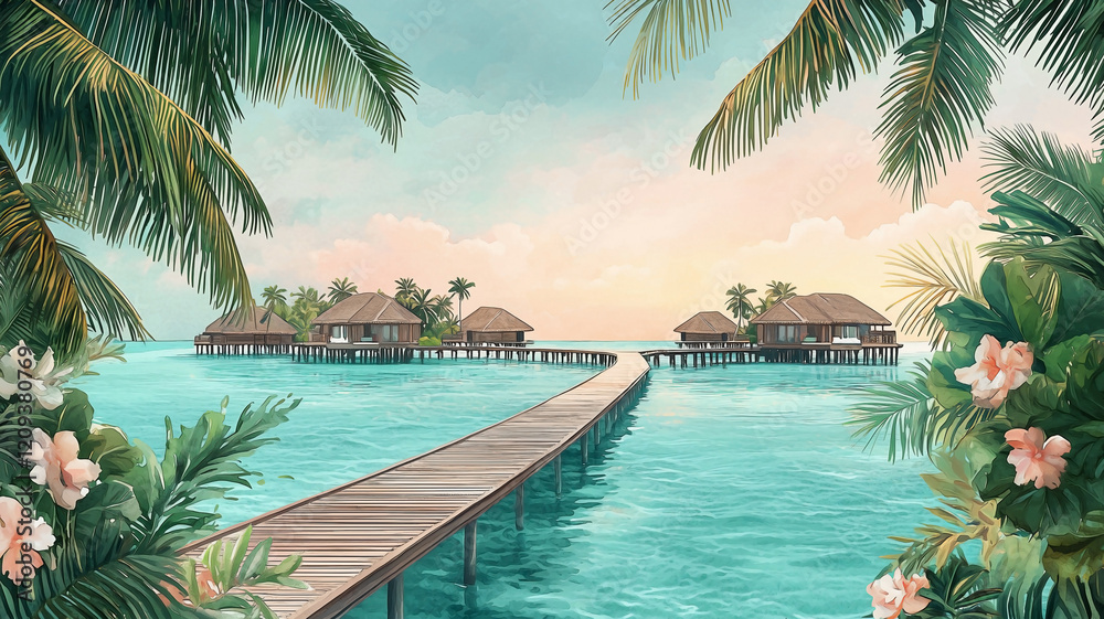 Fototapeta premium Maldives travel poster in soft watercolor style, showcasing a turquoise ocean with a long, wooden walkway extending over the water toward cozy thatched-roof villas.