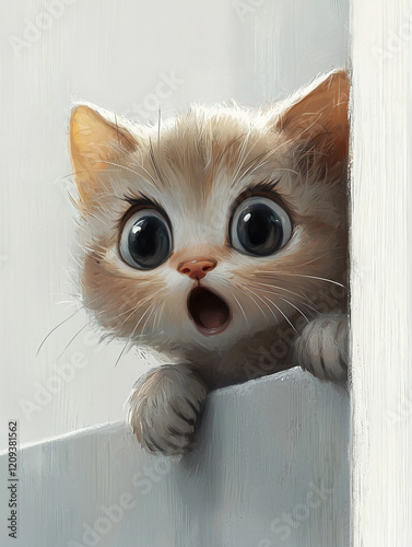 anime-style of a wide-eyed kitten with light gray fur peeking from behind a white wall photo