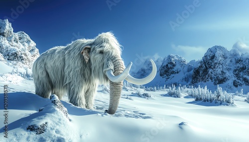 Woolly mammoths in a snowy landscape, clear blue sky