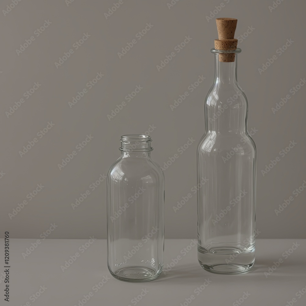 Two glass bottles, one of which is half full, sit on a table Two glass bottles, one of which is half full, sit on a table