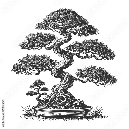 bonsai tree with a twisted trunk and lush foliage, symbolizing art, nature, and balance sketch engraving generative ai vector illustration. Scratch board imitation. Black and white image.