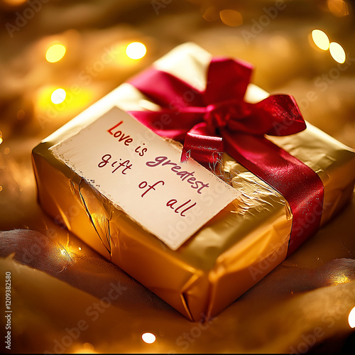 Neatly Wrapped Valentine's Gift Box with Red Ribbon and Love Quote in Warm Romantic Lighting