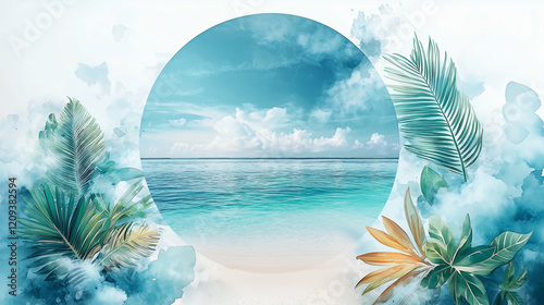 Tropical Maldives scene with a double exposure effect, combining serene blue waters and idyllic sandy beaches with abstract watercolor textures. photo