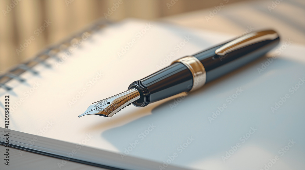 a sleek-stylish fountain pen lying diagonally on an open blank notebook in a minimalistic office setting. a sleek-stylish fountain pen lying diagonally on an open blank notebook in a minimalistic office setting.