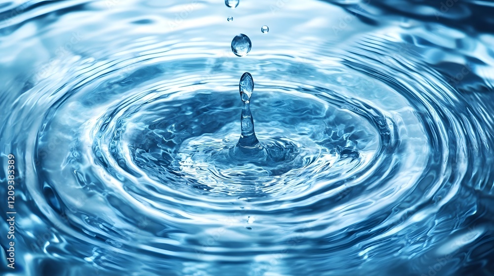 Droplet on Water Surface Creating Ripple Effect in Blue Tones Droplet on Water Surface Creating Ripple Effect in Blue Tones