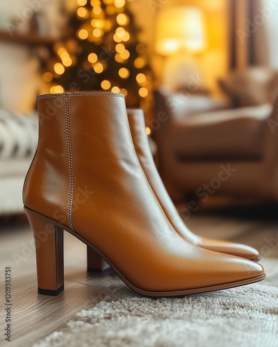 a fashionable pair of high-heeled ankle boots with sleek leather finish,The background is softly blurred living room  photo