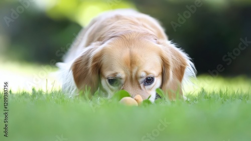 Dog scent games concept Dog sniffing the ground in a sunny outdoor setting.