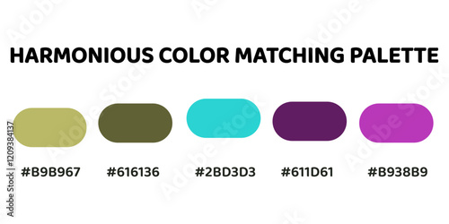 Harmonious color palette with five colors. This palette combines warm and cool tones, balanced and visually appealing aesthetic. Light Olive, Olive Green, Turquoise, Deep Purple, Magenta. 52. photo