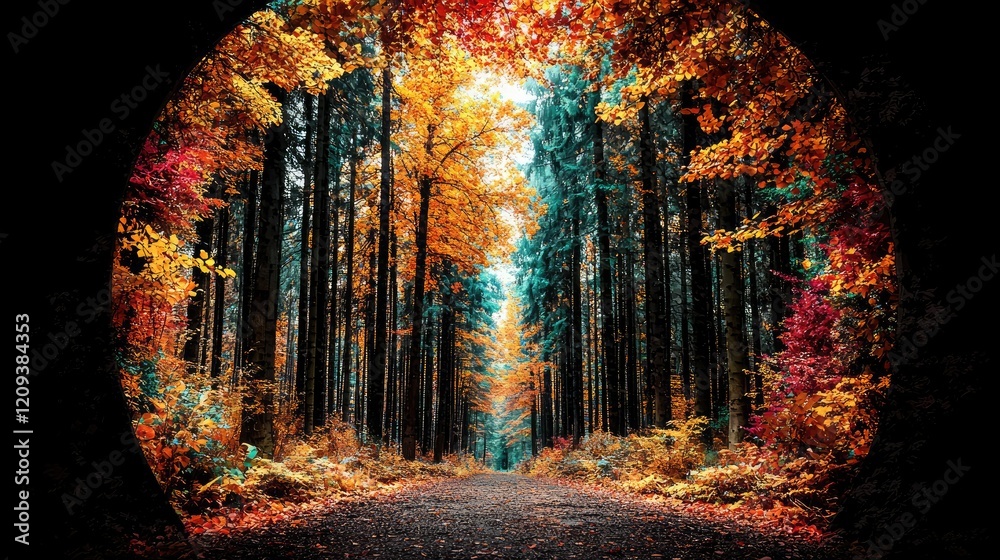 Fototapeta premium Autumnal forest path, vibrant foliage, tunnel view, nature background, ideal for fall themed designs