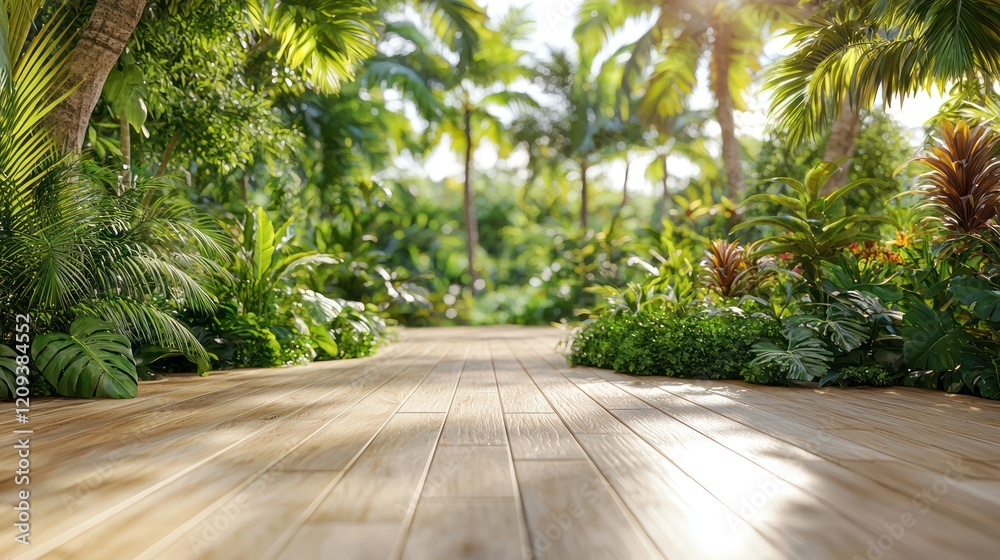 Lush tropical path with wooden planks leading into a vibrant green paradise. Lush tropical path with wooden planks leading into a vibrant green paradise.