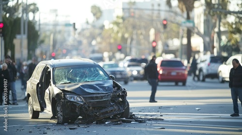 Crashed black SUV with a shattered windshield and severe front-end damage at a busy city intersection with bystanders observing the scene.. photo