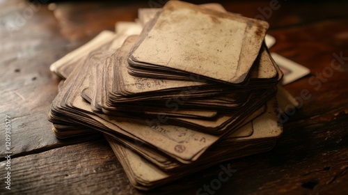 A deck of vintage poker cards scattered on an antique wooden table under dim light.  photo