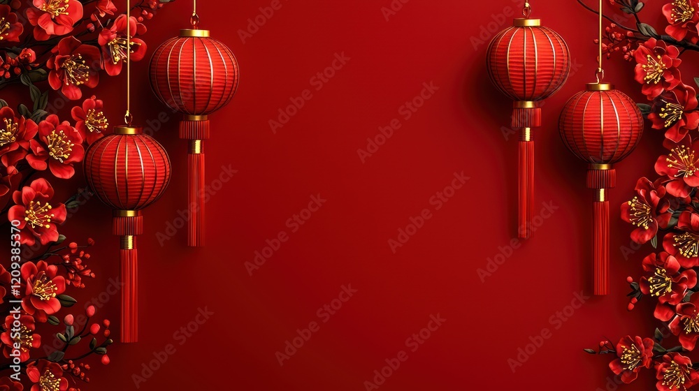 Red lanterns and plum blossoms on a red background. Red lanterns and plum blossoms on a red background.