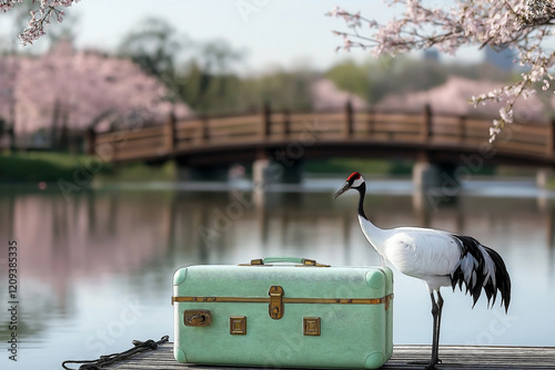 A Vietnamese lakeside, surrounded by blossoming pink cherry trees and a traditional wooden bridge. A soft mint green traveler suitcase, reflecting the calm lake waters. photo