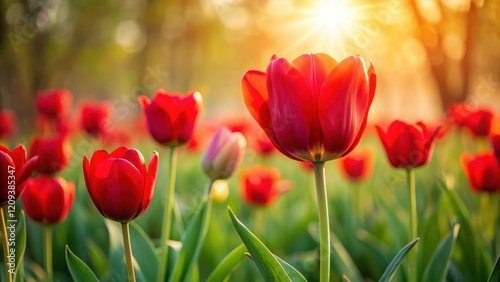 Vibrant Red Tulips Basking in the Warm Golden Hour Sunlight of a Spring Day