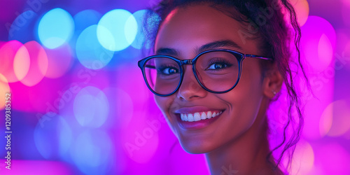 Wallpaper Mural Joyful young woman wearing glasses vibrant urban setting portrait photography colorful lights close-up view happiness concept for seo impact Torontodigital.ca