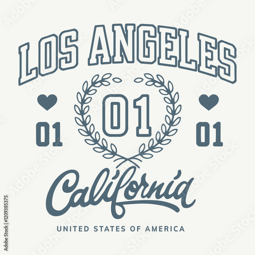 Los Angeles, California t-shirt mockup design. Slogan t-shirt print design in American college style. Athletic typography for tee shirt print in university and college style. Vector