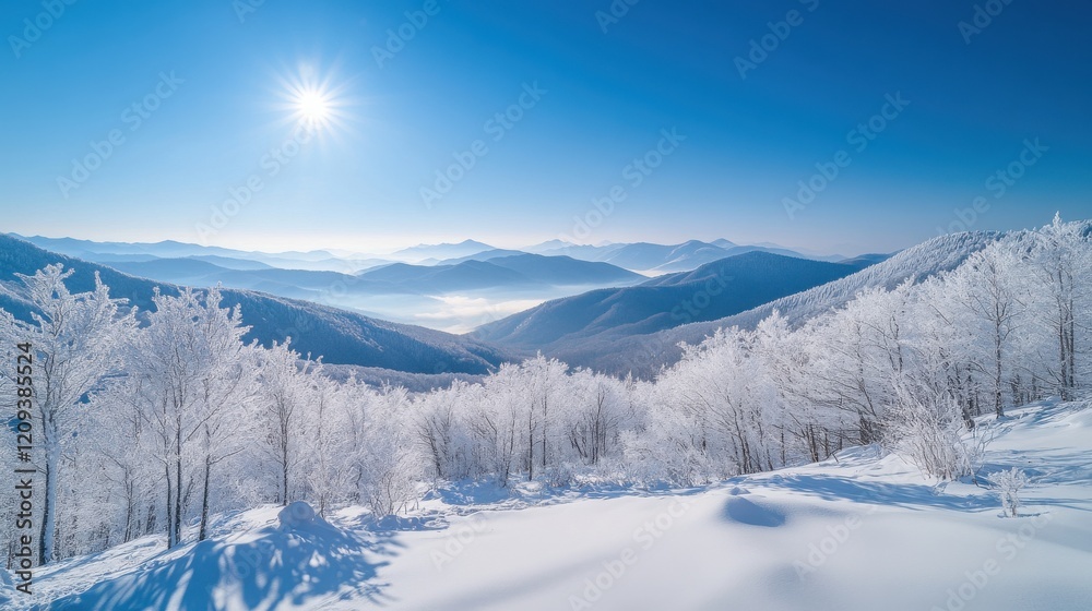 Breathtaking snow-covered mountains under a clear blue sky with shining sun. Breathtaking snow-covered mountains under a clear blue sky with shining sun.