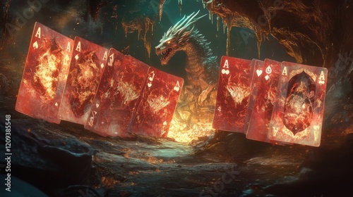 A fantasy set of poker cards with dragon and wizard artwork in a magical cave.  photo