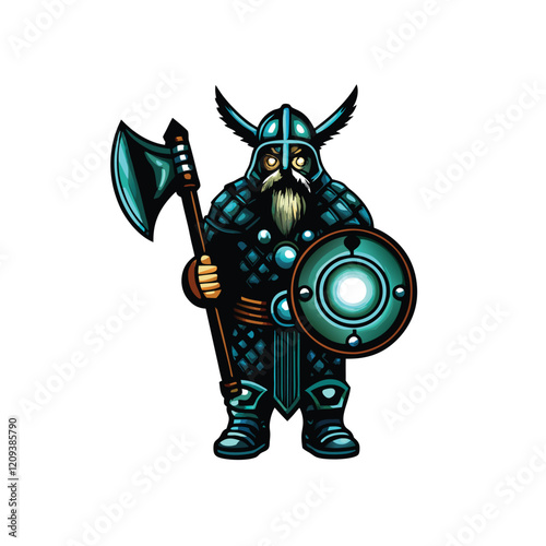 A fierce Viking warrior, clad in battle armor, with glowing runes and symbols illuminating his face and weapon.