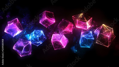 Colorful Geometric Shapes With Vibrant Glowing Effects on Black Background